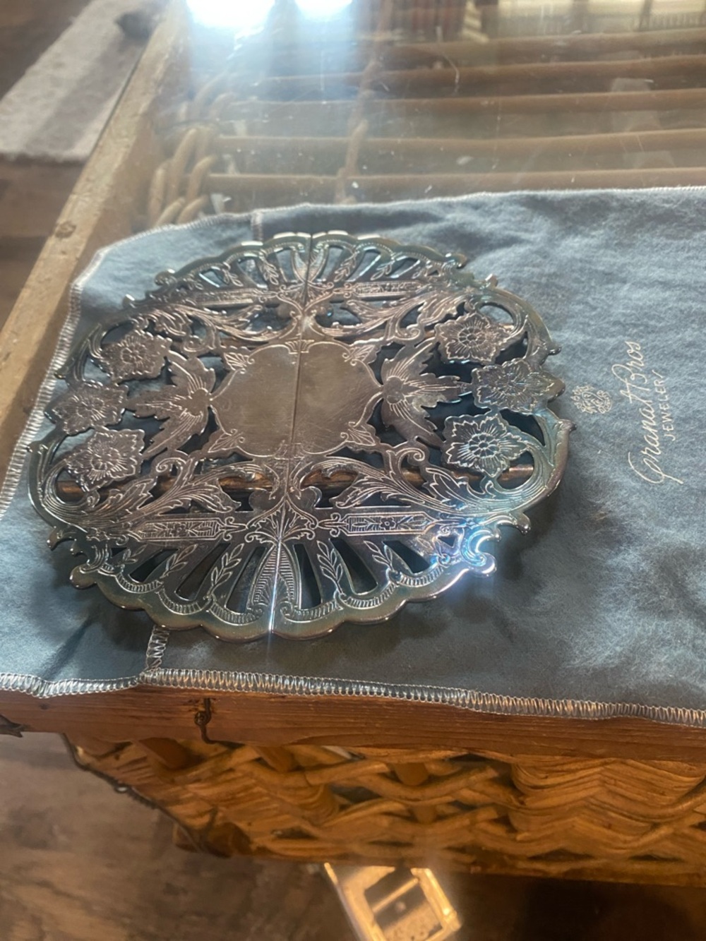Ornate Decorative Round Filigree Tray - Silver plate wallace 7331